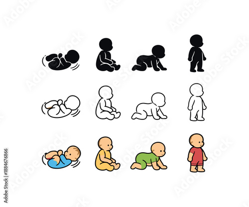 baby motor skills timeline icon on light background. sequence of rolling sitting crawling standing. motor development overview symbol. stages clearly readable