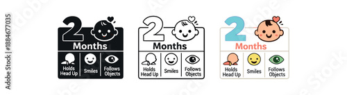 baby month 2 milestone table icon on light background. cute table with large number 2 and smiling baby elements. second month progress overview. clean friendly grid design
