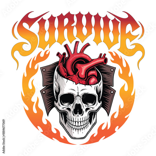 Survive Skull with Heart and Flames Edgy T-shirt Design Vector Illustration