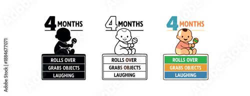 baby month 4 milestone table icon on light background. cute table with large number 4 and baby holding toy symbols. fourth month skills overview. friendly infographic grid