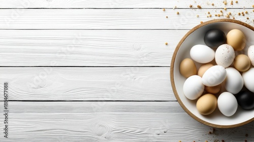Bowl holds fresh eggs of various colors on a white wooden surface with room for text or design elements