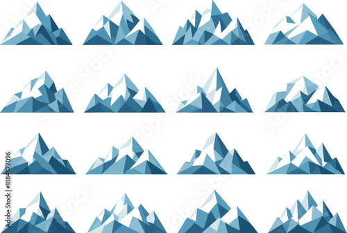 Alpine Icon Set. Winter mountain summits and snow-covered peaks visualized as a cohesive low-poly vector icon set built from