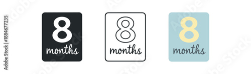 baby month 8 card icon on light background. cute rectangular card with large number 8 and handwritten word months. baby age card design. calm friendly proportions