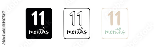 baby month 11 card icon on light background. cute rectangular card with large number 11 and handwritten word months. infant age marker card. soft minimal design