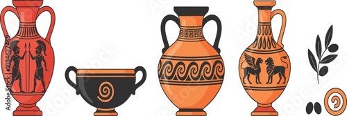 Ancient Greek Pottery Illustration Set Featuring Amphora Vases, Traditional Patterns, Mythological Art, and Olive Branch Elements