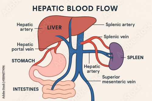 Hepatic blood flow liver anatomy medical illustration human liver hepatic artery hepatic portal vein splenic artery splenic vein stomach anatomy intestine anatomy. Educational diagram of hepatic