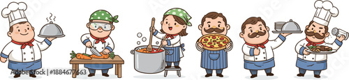 Chef Character Illustration Set Featuring Cooking Actions, Food Preparation, Serving Dishes, and Happy Culinary Poses