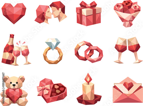 Romantic Gift Icons Set. Low-poly vector icon set for couple’s gift and romantic present concept, featuring angular polygonal