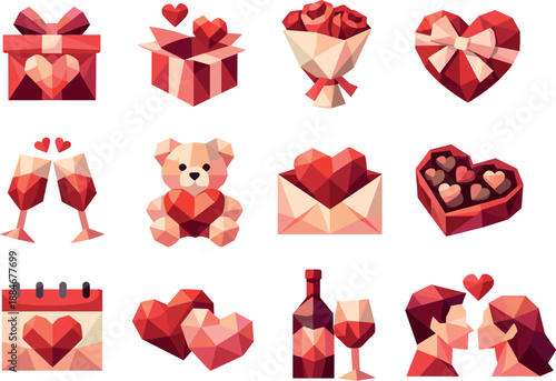 Romantic Gift Icons. Low-poly polygonal vector icon set focused on couple’s gift, romantic present, love-themed package, and