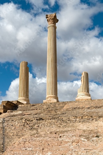 Ruins of the Capitol Temple of the ancient Roman Uthina (Oudna) archaeological site. Tunisia. Africa.
