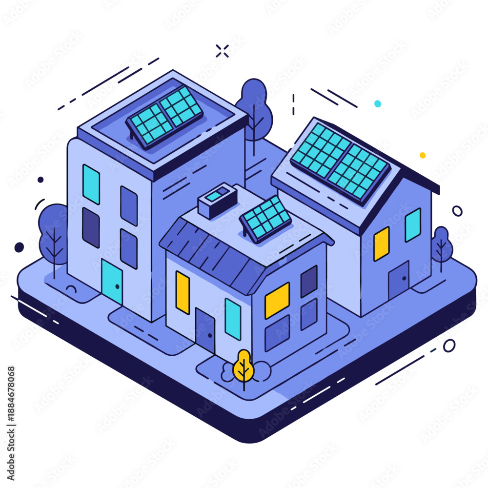 Obraz premium Sustainable urban neighborhood with solar panels on modern residential buildings. No editable stroke