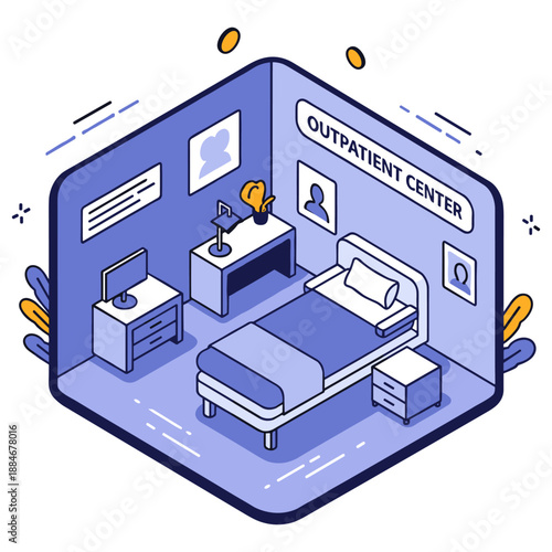 Isometric illustration of a modern outpatient center room. No editable stroke