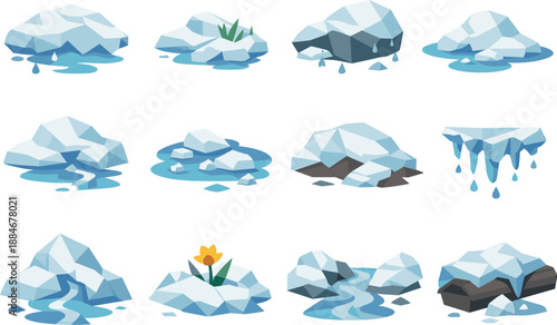 Melting Snow Icons. Low-poly polygonal vector icon set focused on melting snowdrifts, early spring thaw, seasonal transition, and