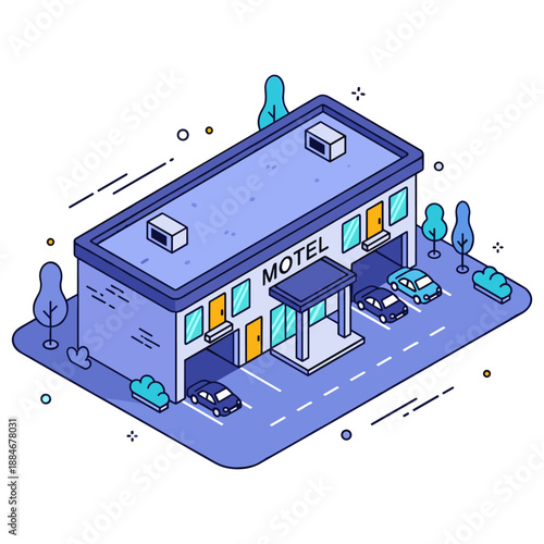 Isometric illustration of a modern two-story motel with cars and landscaping. No editable stroke