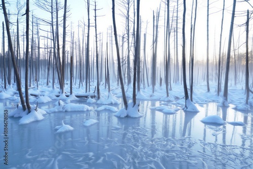 Frozen water and distant grasslands under cloudy sky during winter afternoon in wetland area