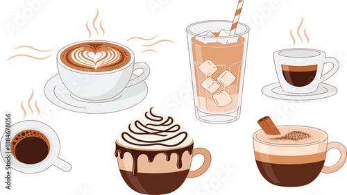 Coffee Drinks Illustration Set Featuring Latte Art, Cappuccino, Espresso, Iced Coffee, Mocha, and Cinnamon-Topped Beverages