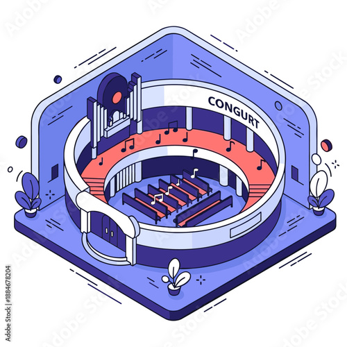 Isometric concert hall with modern design and musical notes. No editable stroke