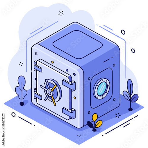 Cartoon cube-shaped safe with anchor, window, and small plants. No editable stroke
