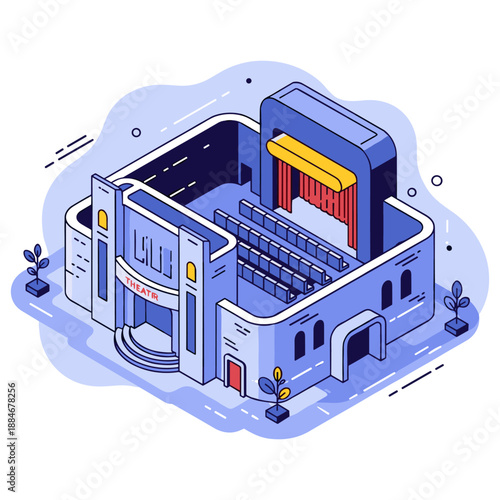 Isometric theater building with stage and seating in blue tones. No editable stroke
