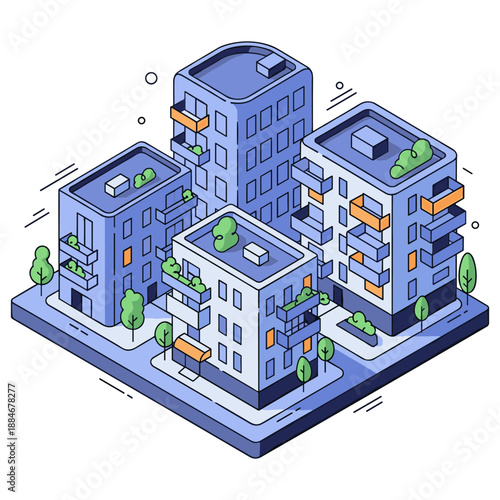 Modern minimalist urban buildings with green balconies and clean lines. No editable stroke