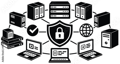 Digital network security concept with computers, servers, and central shield lock, vector design ideal for cybersecurity, data protection