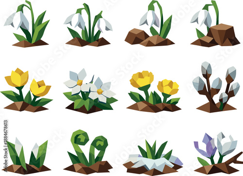 Snowdrop Icon Set. Low-poly vector icon set for snowdrops in the forest and early spring blooms, featuring angular polygonal