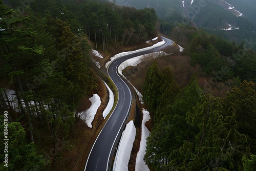 A road curves through a forest covered in snow, with mountains in the background. The scene shows a mix of green trees and white snow under cloudy skies.