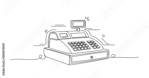 Line art of a vintage cash register with display and buttons for retail use. No editable strokes