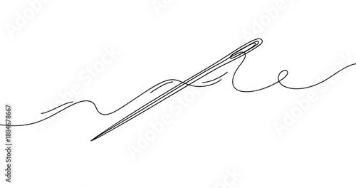 Black thread sewing into a needle on white background. No editable strokes