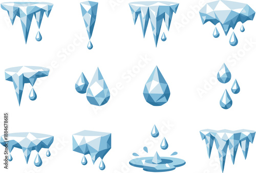 Icicle Icon Set. Winter icicles and dripping water represented through a professional low-poly vector icon set using crisp