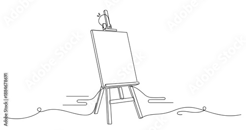 Minimalist line art: blank canvas on easel with flowing lines and mouse. No editable strokes