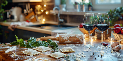 Homemade heart-shaped ravioli prepared on a floured wooden surface, surrounded by cheese, cherry tomatoes, and two glasses of red wine. Romantic Valentine's Day cooking scene in cozy kitchen