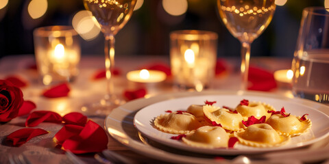 Heart shaped ravioli served on a romantic table with rose petals, candles and white wine for Valentine's Day celebration, festive dinner setup