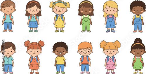Cute School Children Illustration Set Featuring Diverse Kids with Backpacks, Colorful Outfits, and Friendly Expressions