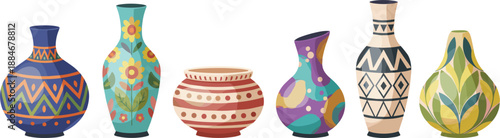 Decorative Pottery and Ceramic Vase Illustration Set Featuring Colorful Patterns, Artistic Designs, and Handcrafted Shapes