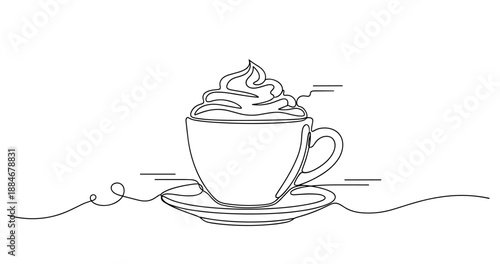 Simple line art of a coffee cup with cream on a saucer in minimalist style. No editable strokes