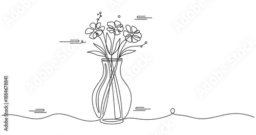 Minimalist line art of a vase with flowers in black and white sketch. No editable strokes