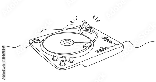 Line art of turntable with stylus and vinyl record outline. No editable strokes