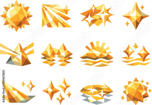 Sunlight Icon Set. Playful sunlight and sun reflections illustrated as a cohesive low-poly vector icon set built from angular