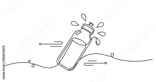 Minimalist line art of water bottle with splashing droplets and motion lines. No editable strokes