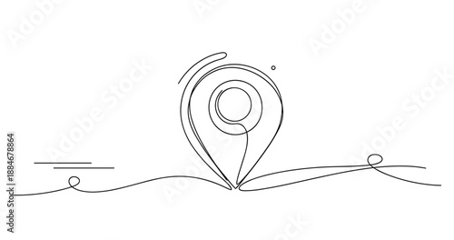 Abstract continuous line art of a geolocation pin symbol on white background. No editable strokes