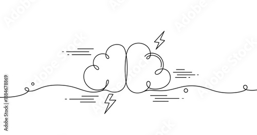 Continuous line illustration of a brain with lightning bolts and doodles. No editable strokes