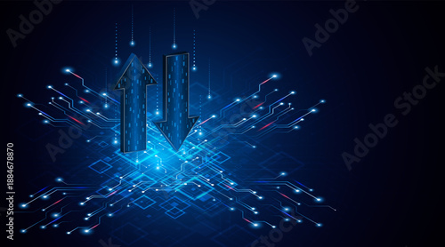 Up and down arrows on dark blue background. Concept of data transmission or digital exchange. Business growth or investment concept. Blue arrow technology background.