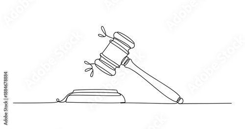 Continuous line art of judge's gavel hitting sound block. No editable strokes
