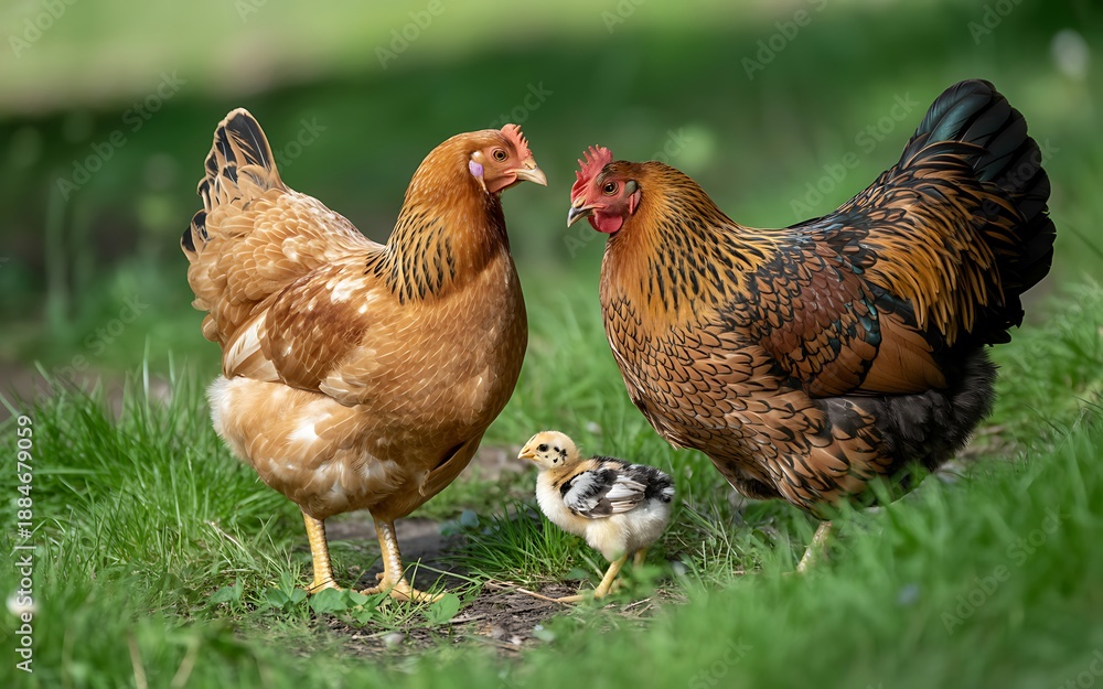 Fototapeta premium Two hens and a chick standing together in a lush green field