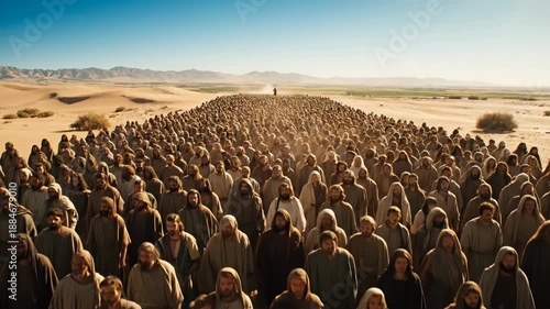 Exodus Journey through the Desert - A large group of individuals, clad in historical clothing, walks through a vast desert landscape under a clear blue sky.