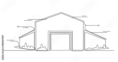 Minimalist outline of a large warehouse building with surrounding foliage. No editable strokes