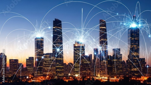 City skyline with digital network connections illustrating modern technology