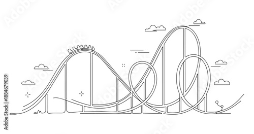 Minimalist black and white roller coaster line art with clouds. No editable strokes