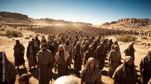 Exodus Journey Through the Desert - A large group of individuals in traditional robes is seen traveling through a vast, arid desert landscape under a clear blue sky.